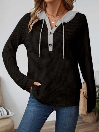 Kessoro women's waffle-knit relaxed hooded top in beige, black or pink, view 9 of 22