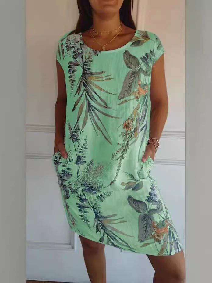 Women's striped crew neck midi dress with short sleeves in white, blue, green and pink