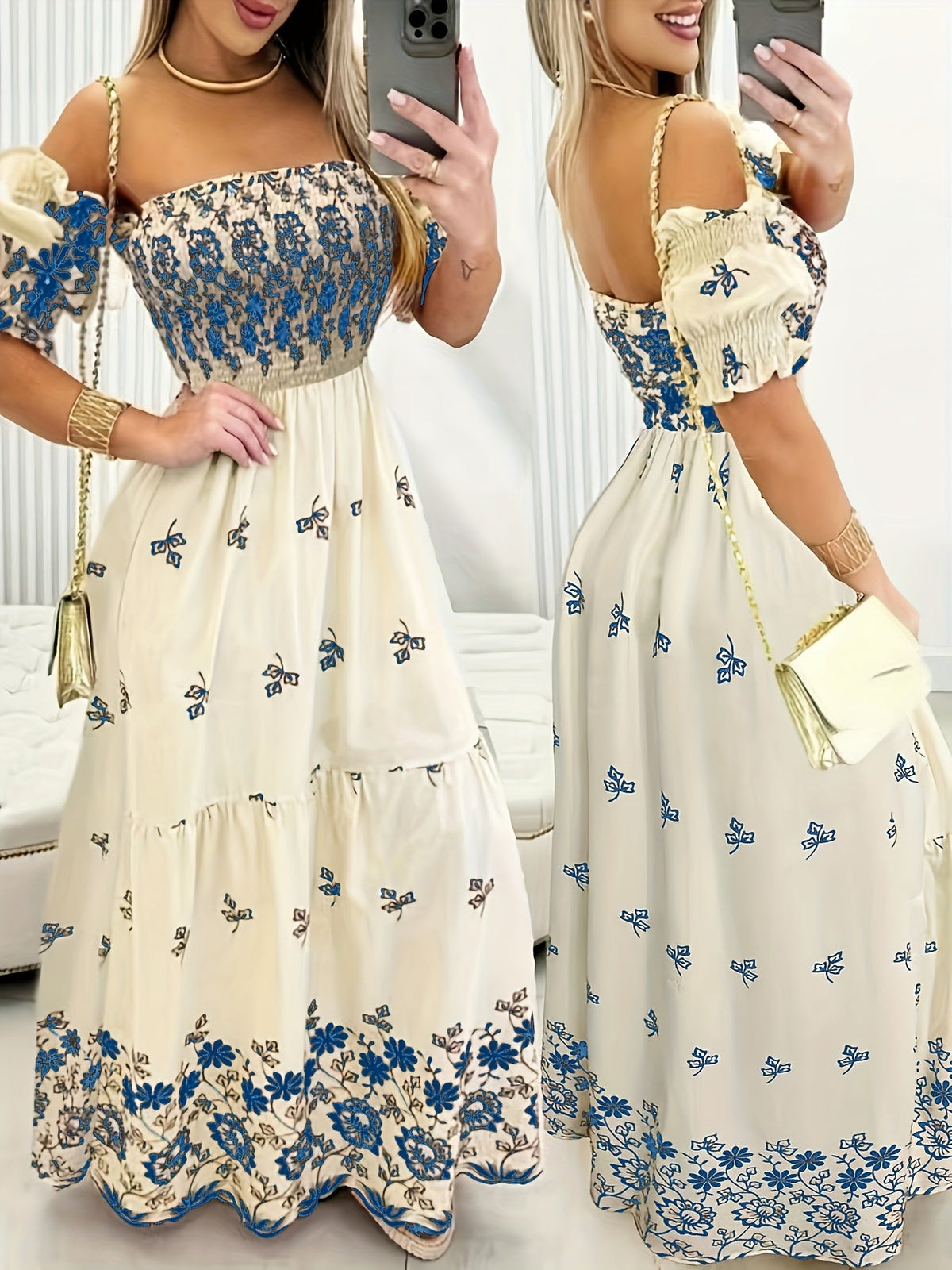Women's off-the-shoulder smocked floral maxi dress in a multicolour print
