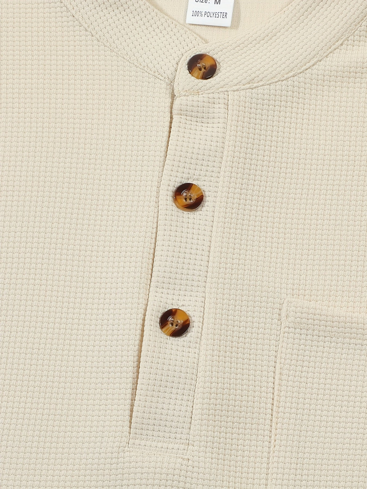 Men's textured long sleeve henley shirt in khaki, white, black, grey and burgundy, back view