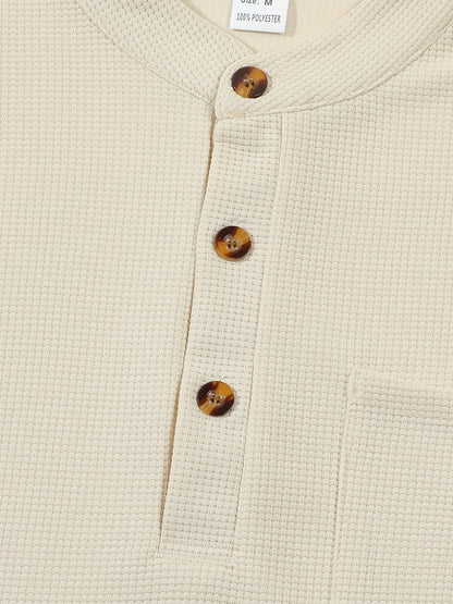 Men's textured long sleeve henley shirt in khaki, white, black, grey and burgundy, back view