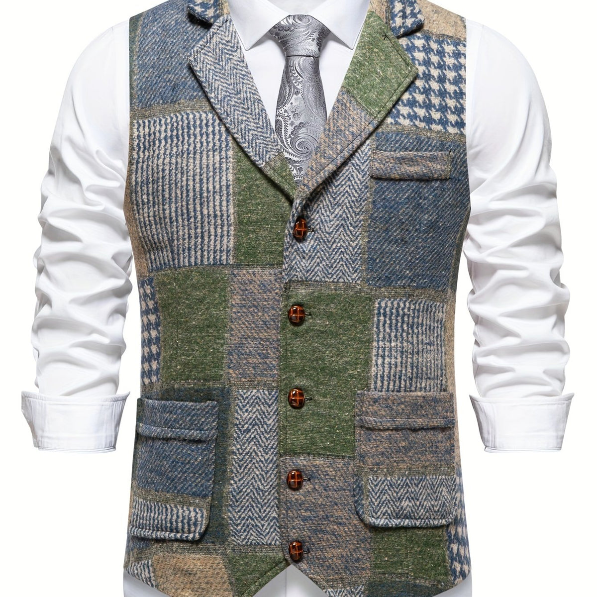 Kessoro Men's Patchwork Notch Lapel Tailored Waistcoat in grey, wine red, blue, navy and orange - men's apparel, view 14 of 31
