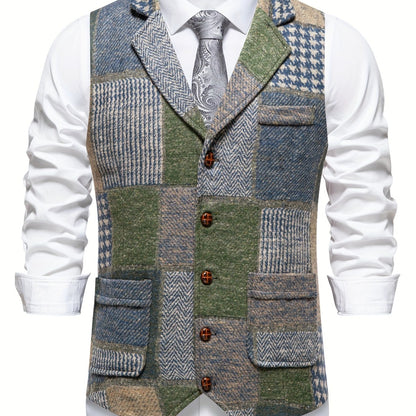 Kessoro Men's Patchwork Notch Lapel Tailored Waistcoat in grey, wine red, blue, navy and orange - men's apparel, view 14 of 31