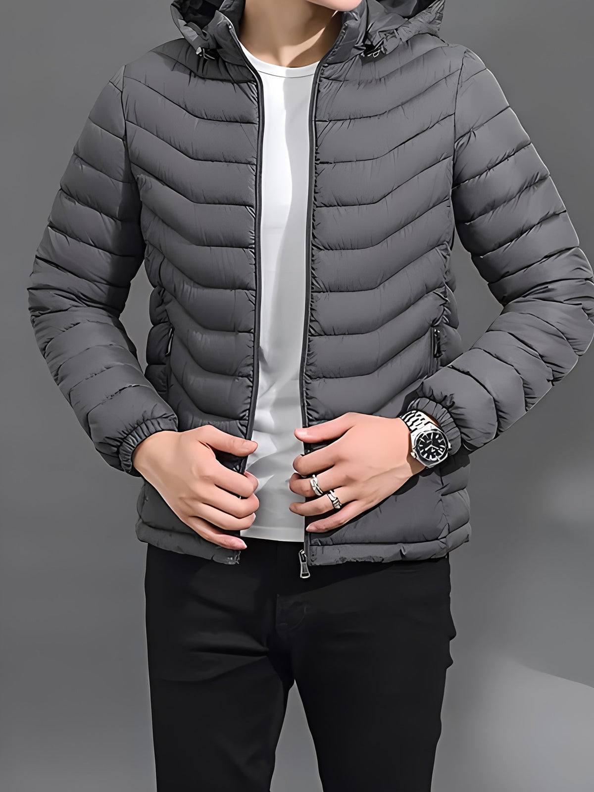 Kessoro Women's Hooded Quilted Puffer Jacket in black and grey, image 7 of 11.