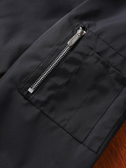 Men's classic zip-front everyday bomber jacket in black and burgundy, back view