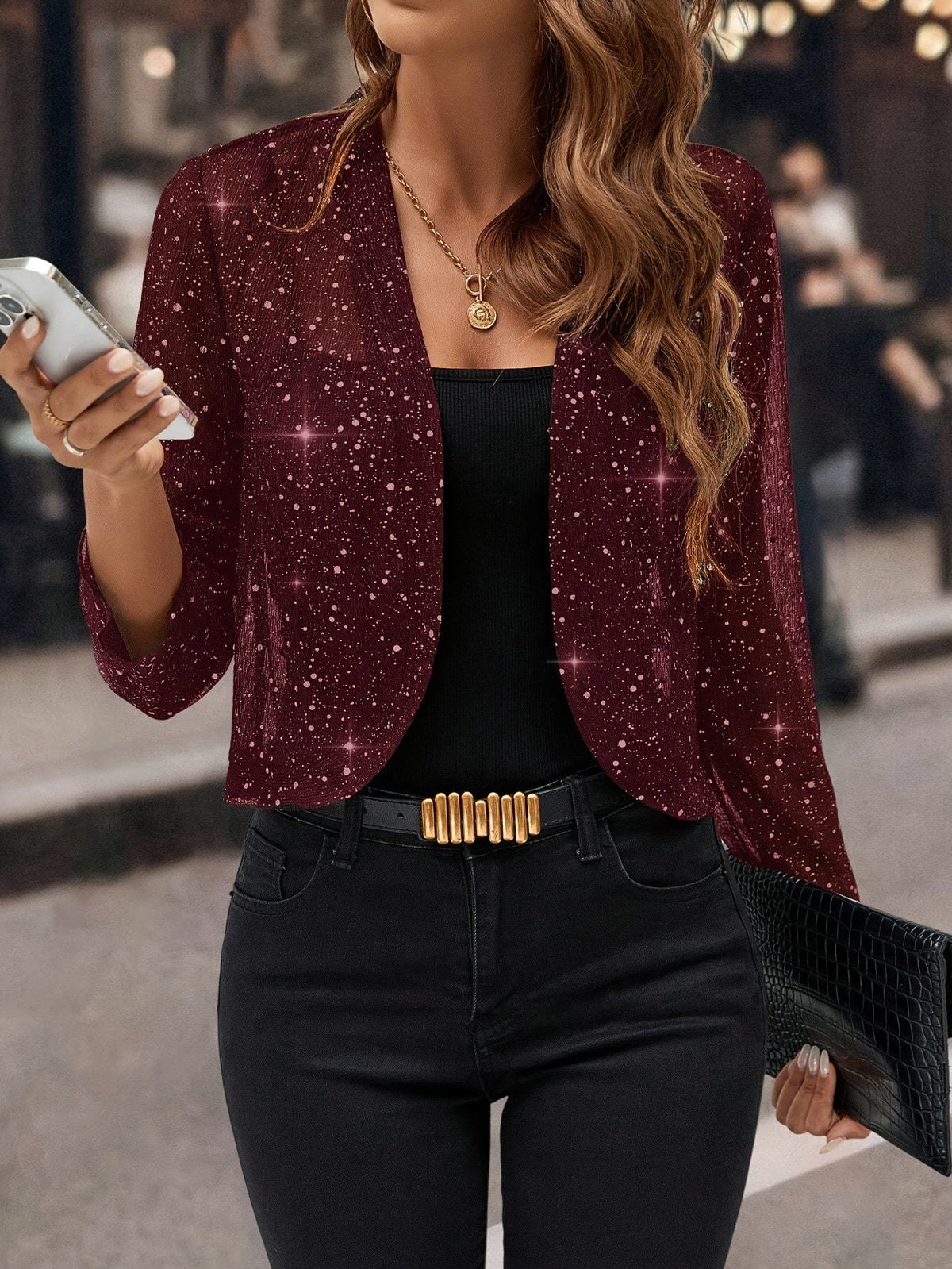 Kessoro women's shimmer cropped open-front bolero jacket in deep grey, sky blue, pink and purple