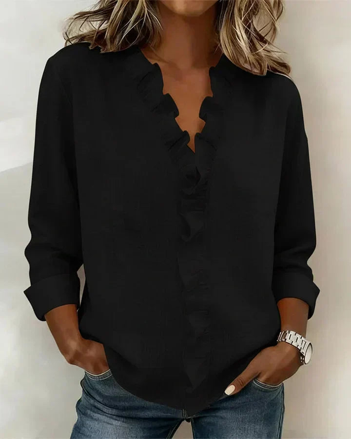 Kessoro women's V-neck ruffle long-sleeve blouse in pink, white, green, blue, black, orange, yellow and purple