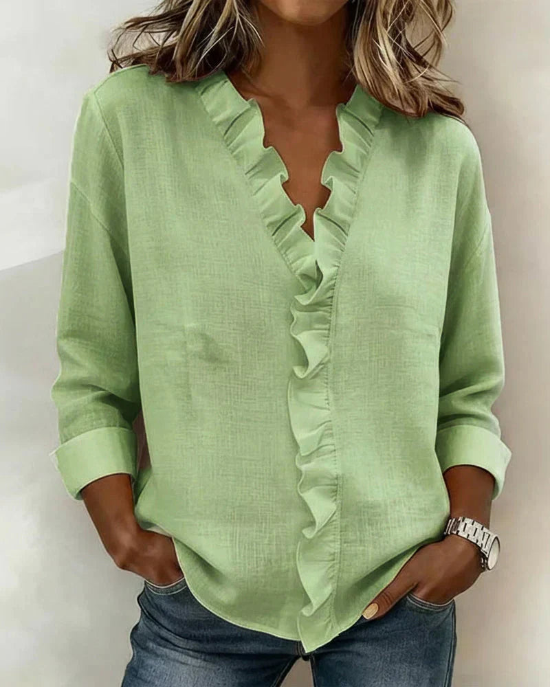 Kessoro women's V-neck ruffle long-sleeve blouse in pink, white, green, blue, black, orange, yellow and purple