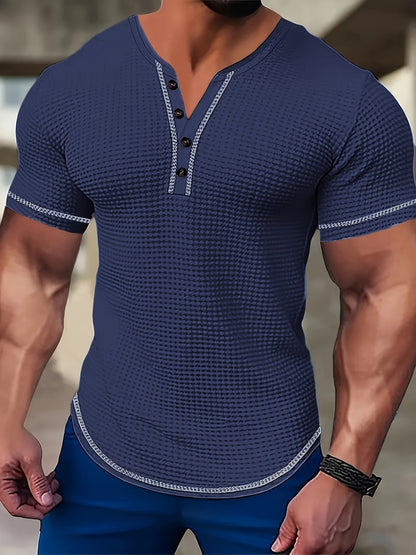 Kessoro men's textured waffle short-sleeve henley shirt in pink, khaki, light blue, navy and black, men's tops — view 5 of 6