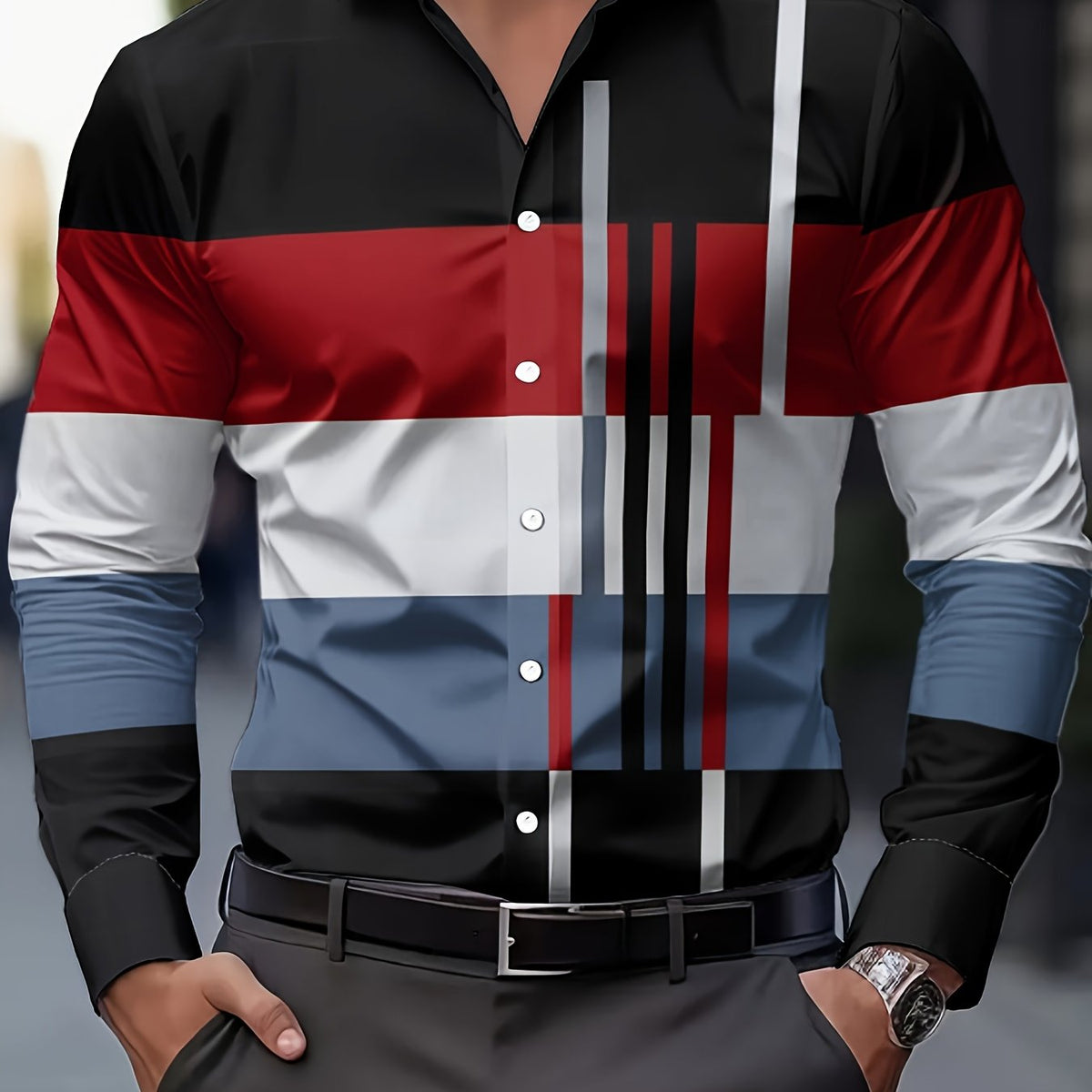 Kessoro men's colour-block long-sleeve shirt in brown, dark grey or black, view 12 of 17
