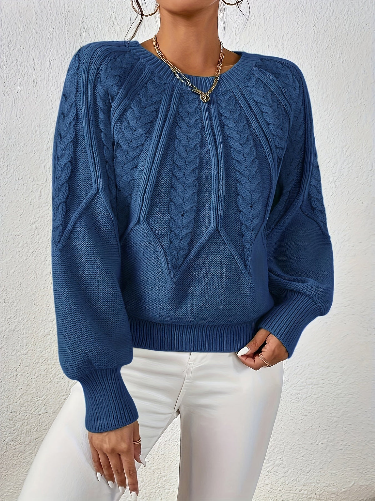 Kessoro women's relaxed cable-knit lantern-sleeve sweater in matcha, beige, burgundy, navy and camel