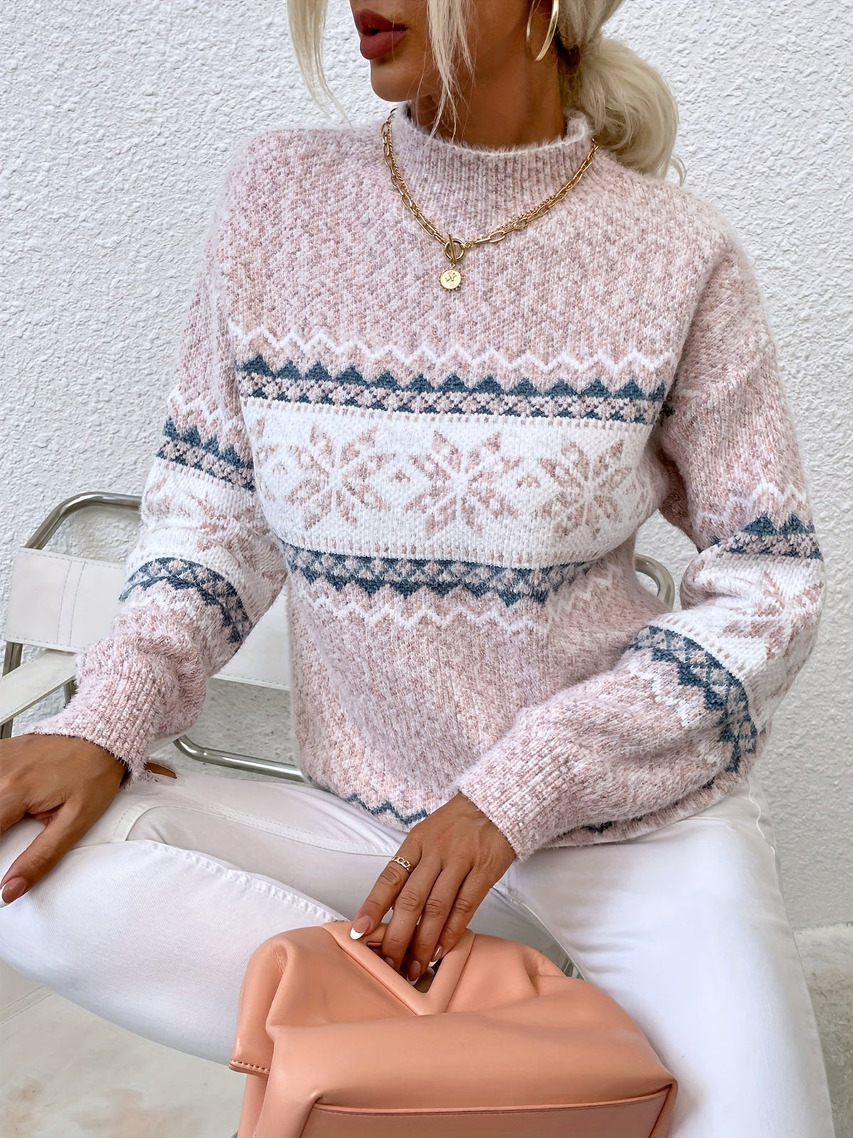 Kessoro women's snowflake mock-neck knit sweater in grey, pink or blue, view 15 of 23