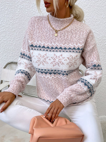 Kessoro women's snowflake mock-neck knit sweater in grey, pink or blue, view 15 of 23