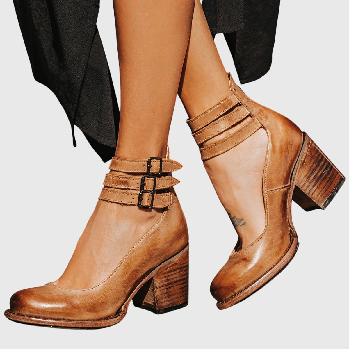 Women's light brown retro ankle-strap heels