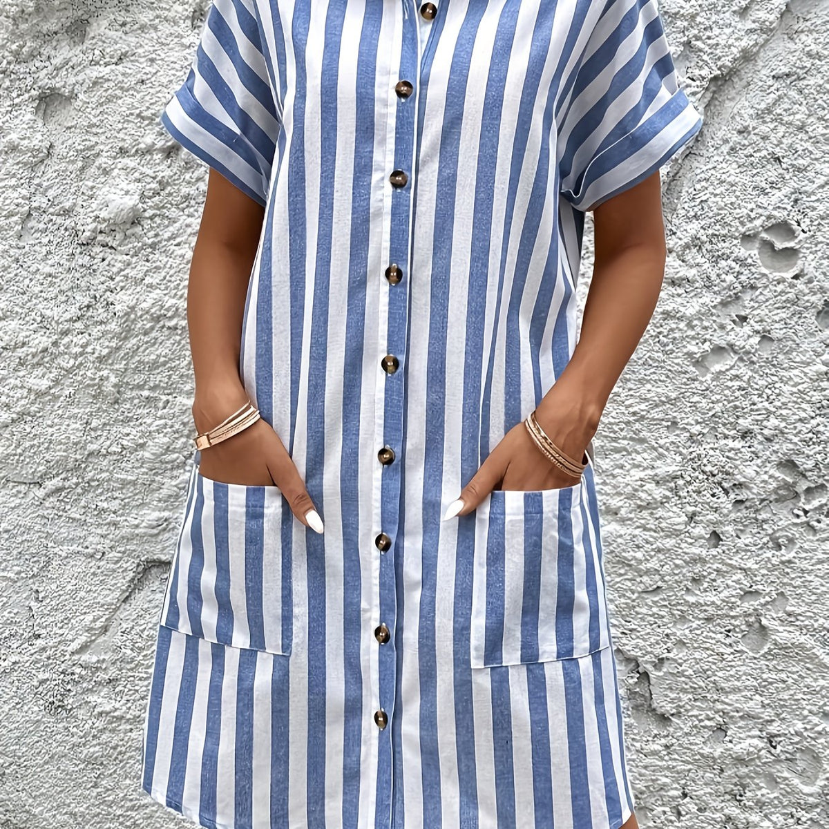 Kessoro women's belted striped short-sleeve shirt dress in apricot and sky blue