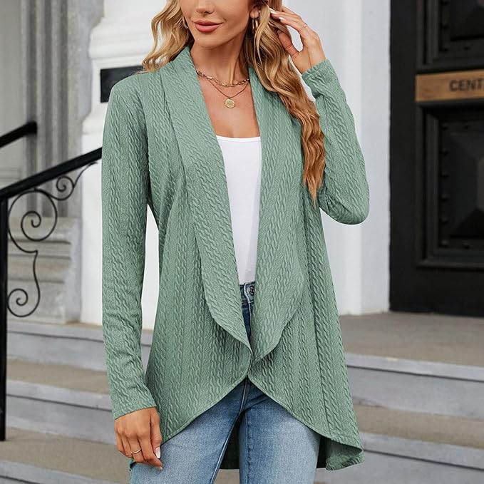 Kessoro women's open-front draped knit cardigan in gray, beige, black, burgundy, khaki, green, navy, mint green and pink, image 3 of 9