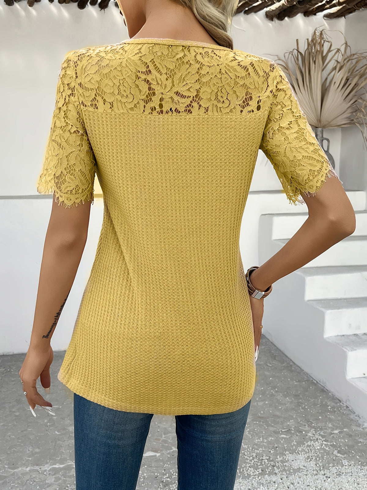 Kessoro women's lace-panel short sleeve button top in pink, yellow and purple – view 6