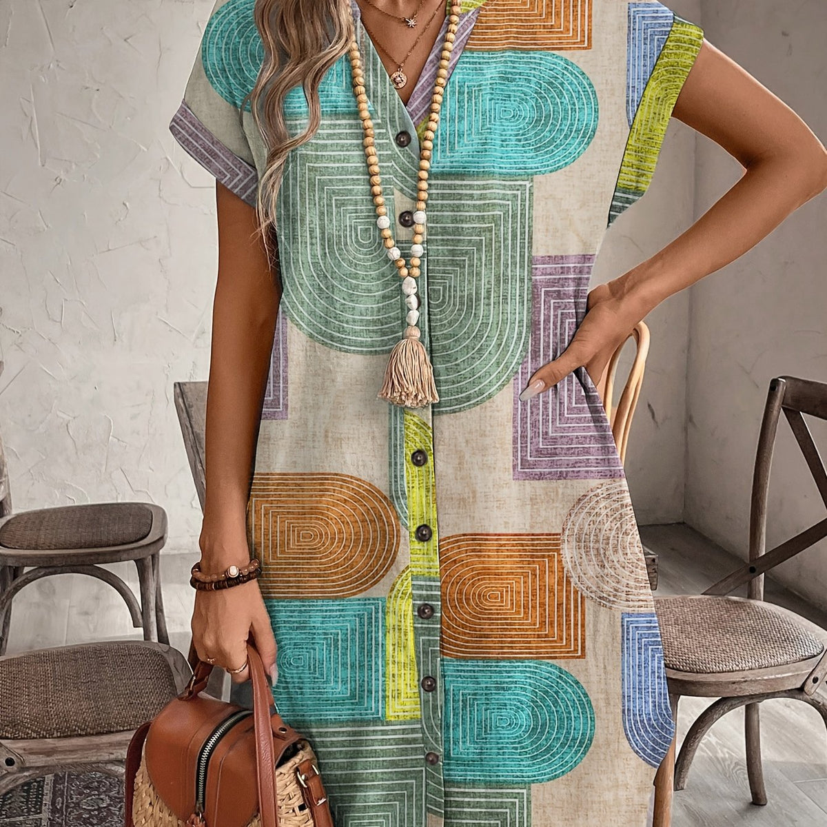 Kessoro women's retro geometric print V-neck button-front shirt dress in mixed colours