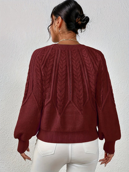 Kessoro women's relaxed cable-knit lantern-sleeve sweater in matcha, beige, burgundy, navy and camel