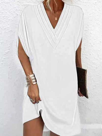 Women's V-neck mini dress with slit sleeves in army green, black, white, orange and pink