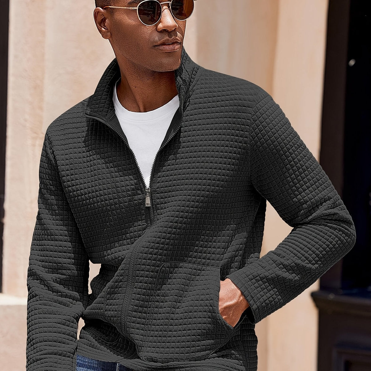 Kessoro Men's Textured Stand-Collar Full-Zip Jacket in white, khaki and black, image 13 of 18.