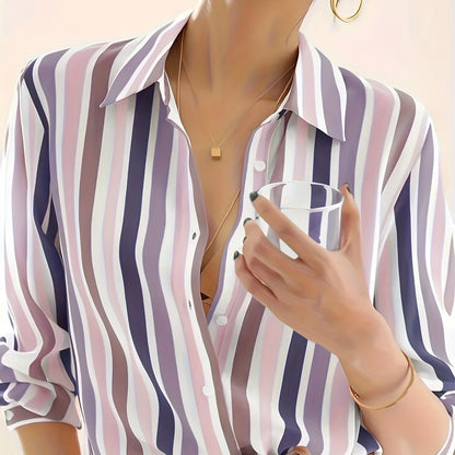 Kessoro Women's Striped Lapel Collar Button-Up Blouse in blue, sky blue, tangerine and other colourways — three-quarter view