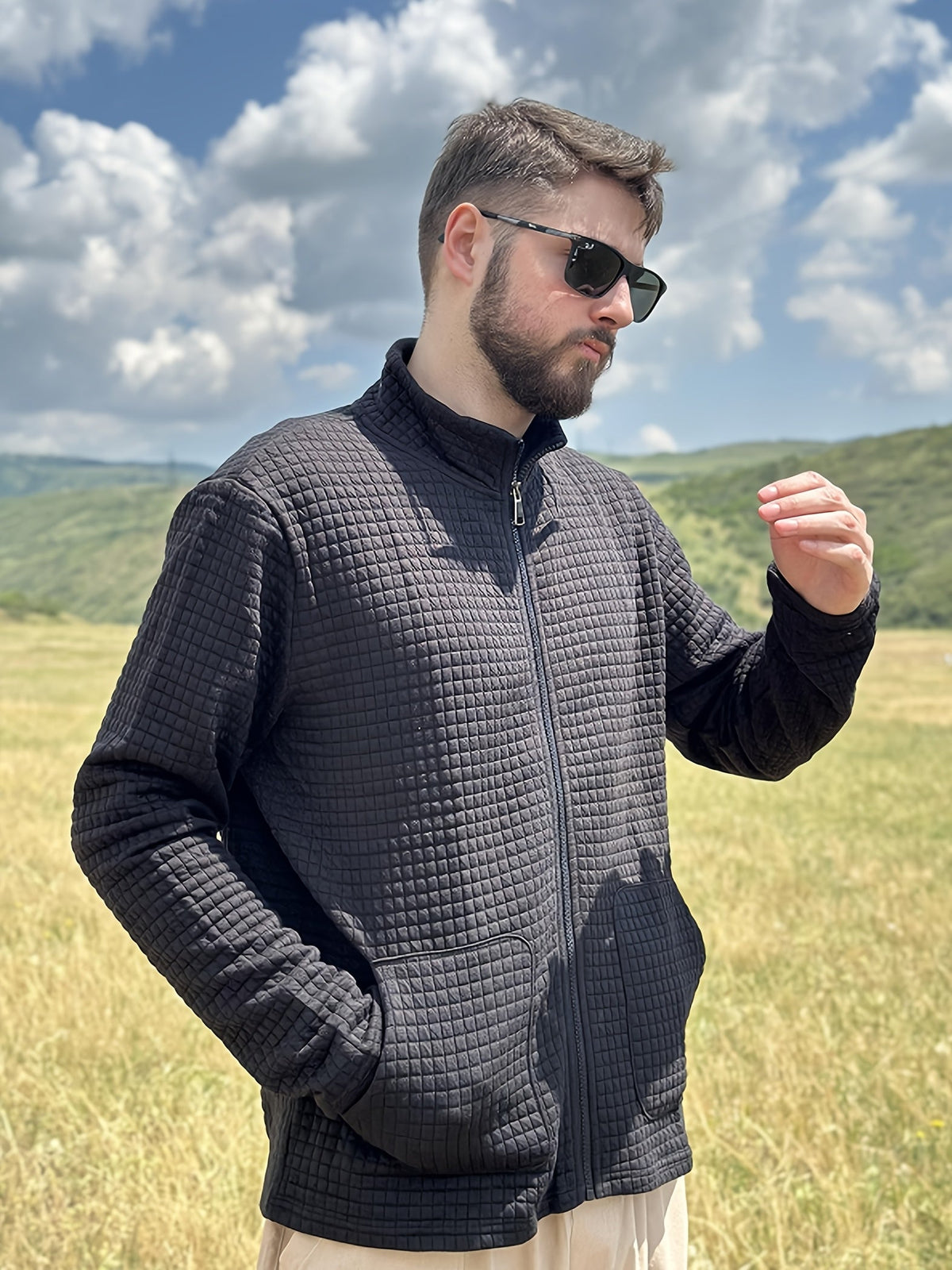Kessoro Men's Textured Stand-Collar Full-Zip Jacket in white, khaki and black, image 17 of 18.