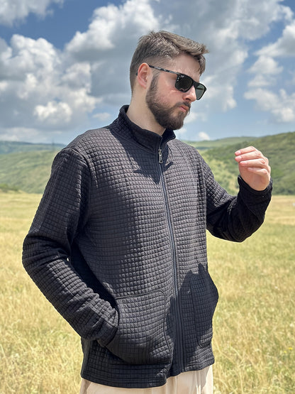 Kessoro Men's Textured Stand-Collar Full-Zip Jacket in white, khaki and black, image 17 of 18.