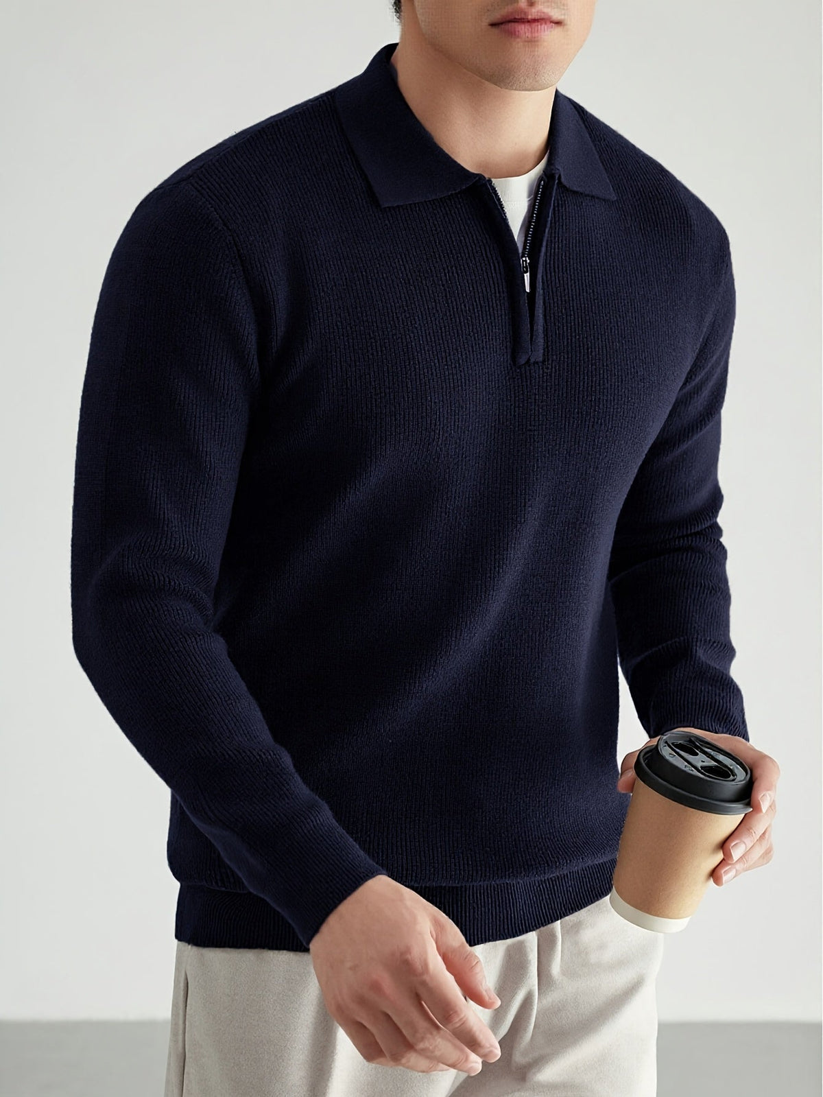 Kessoro men's refined quarter-zip collared polo sweater in smart muted colourways