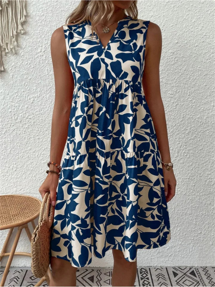 Women's romantic floral V-neck A-line dress in green, blue, orange or black