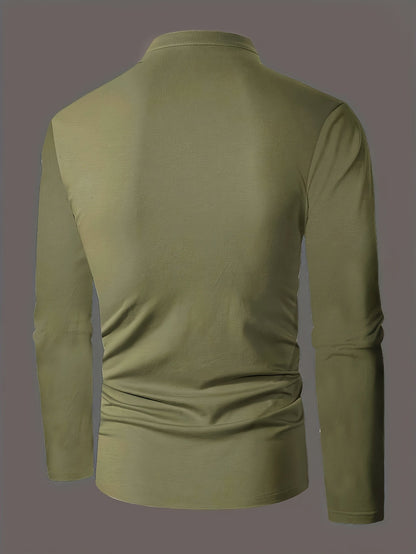 Men's refined long-sleeve button-placket henley shirt in granny gray, matcha green and navy, fabric texture view