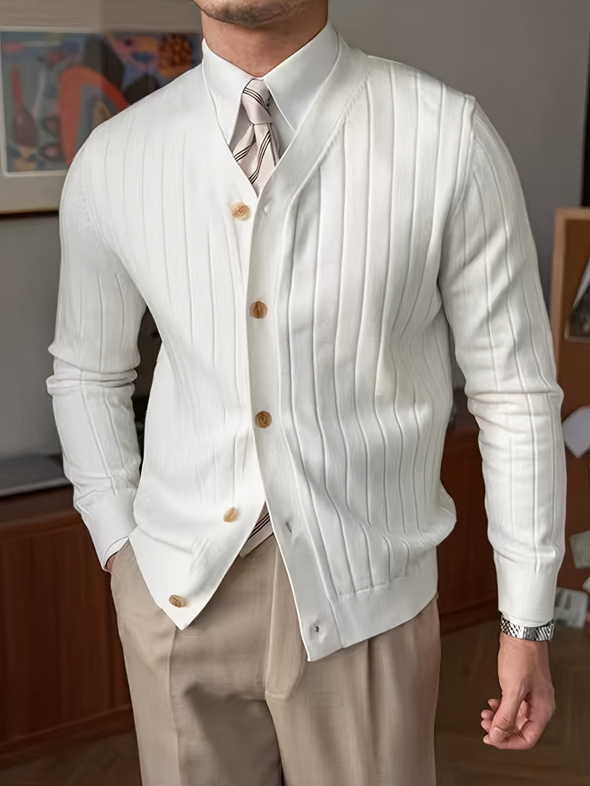Kessoro Men's Ribbed Button-Up Knit Cardigan in white, sky blue and black, image 5 of 18.