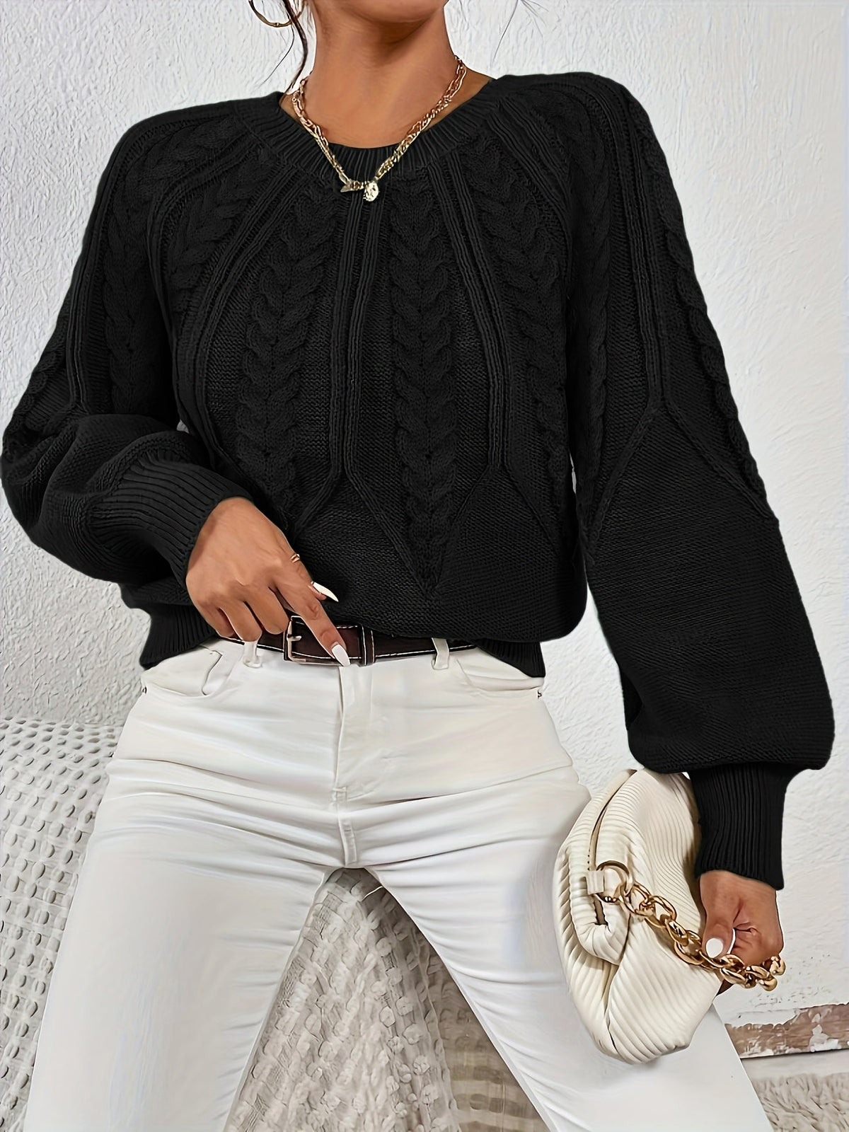 Kessoro women's relaxed cable-knit lantern-sleeve sweater in matcha, beige, burgundy, navy and camel