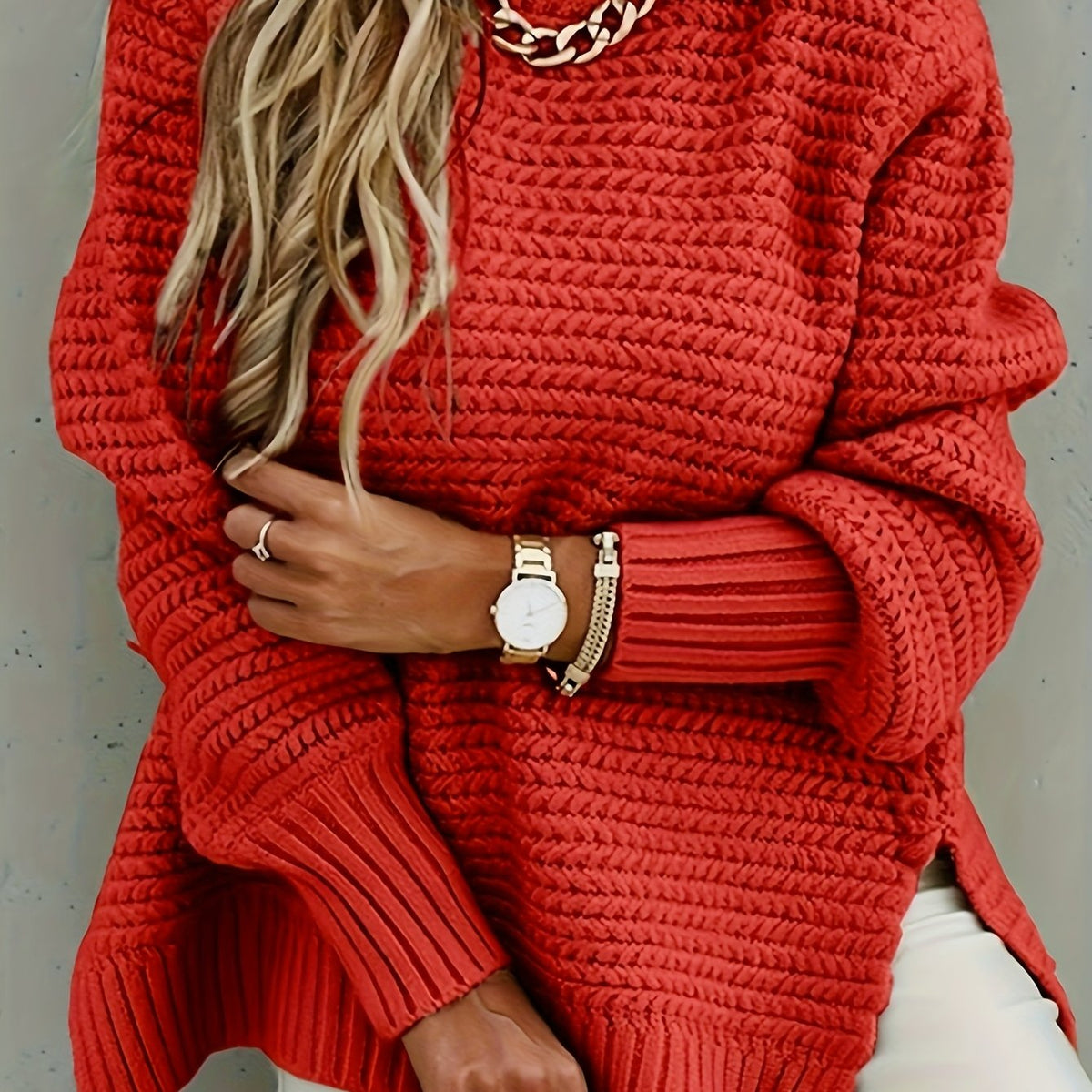Kessoro women's textured high-low sweater in red, view 1 of 5