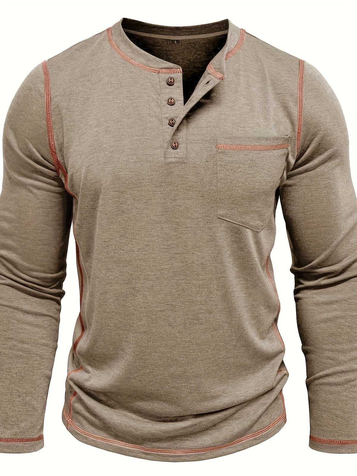 Men's contrast-stitch long sleeve henley shirt in khaki and green, detail view