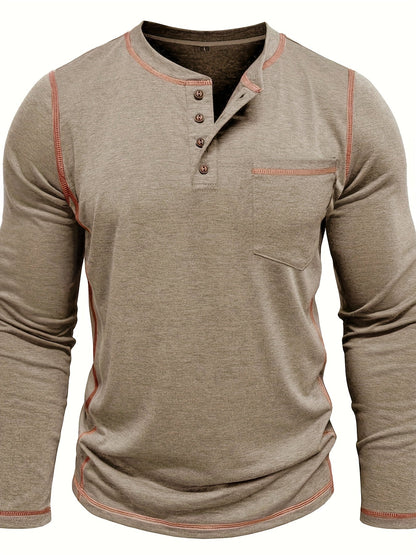 Men's contrast-stitch long sleeve henley shirt in khaki and green, detail view