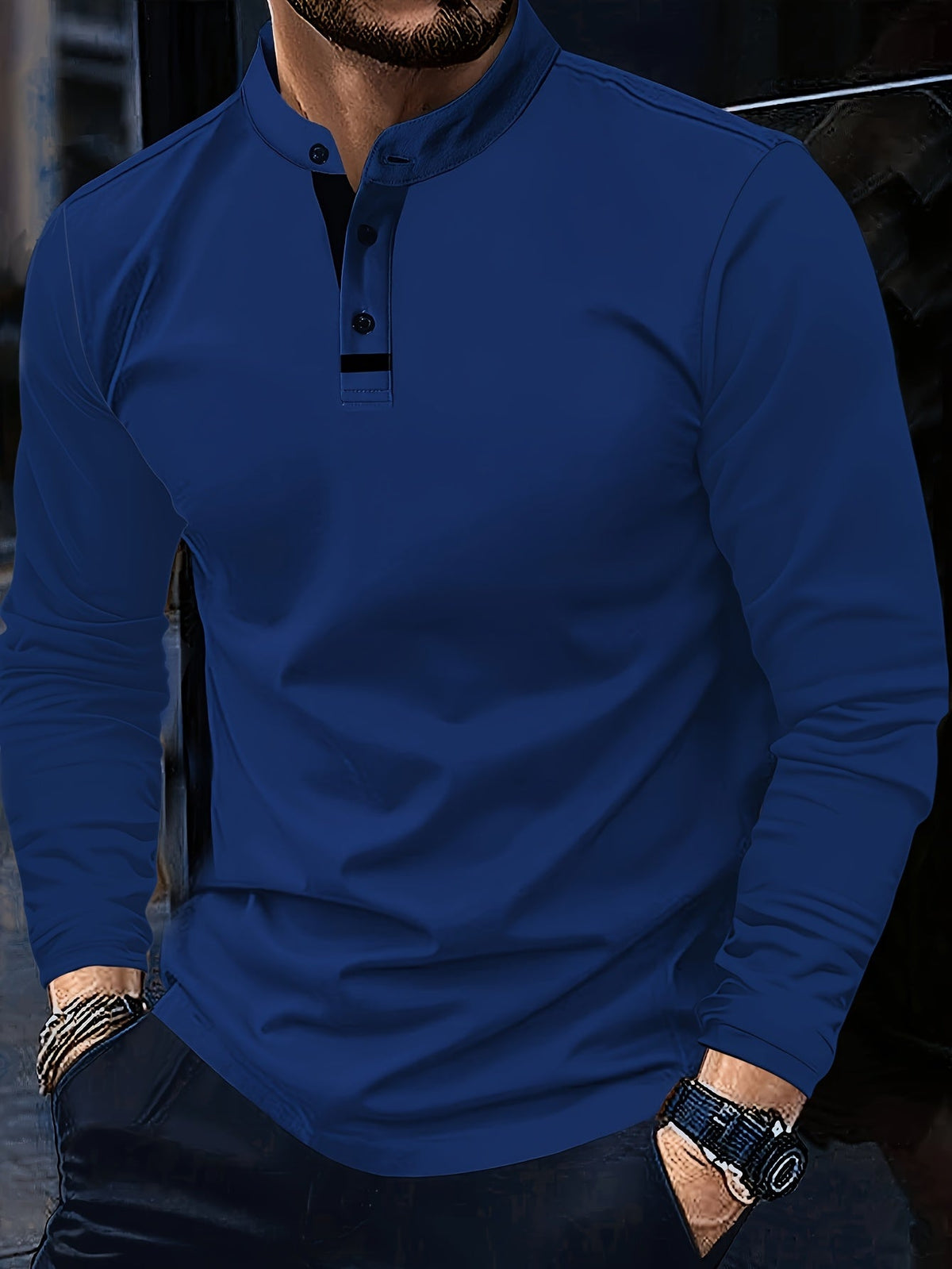 Men's refined long-sleeve button-placket henley shirt in granny gray, matcha green and navy, back view 2