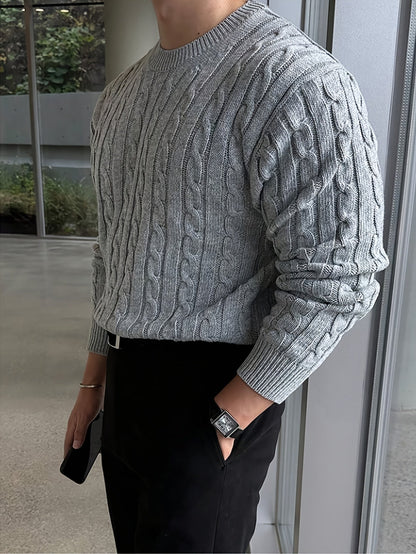 Kessoro Men's Twisted Cable-Knit Crewneck Sweater in navy and grey, image 11 of 12.