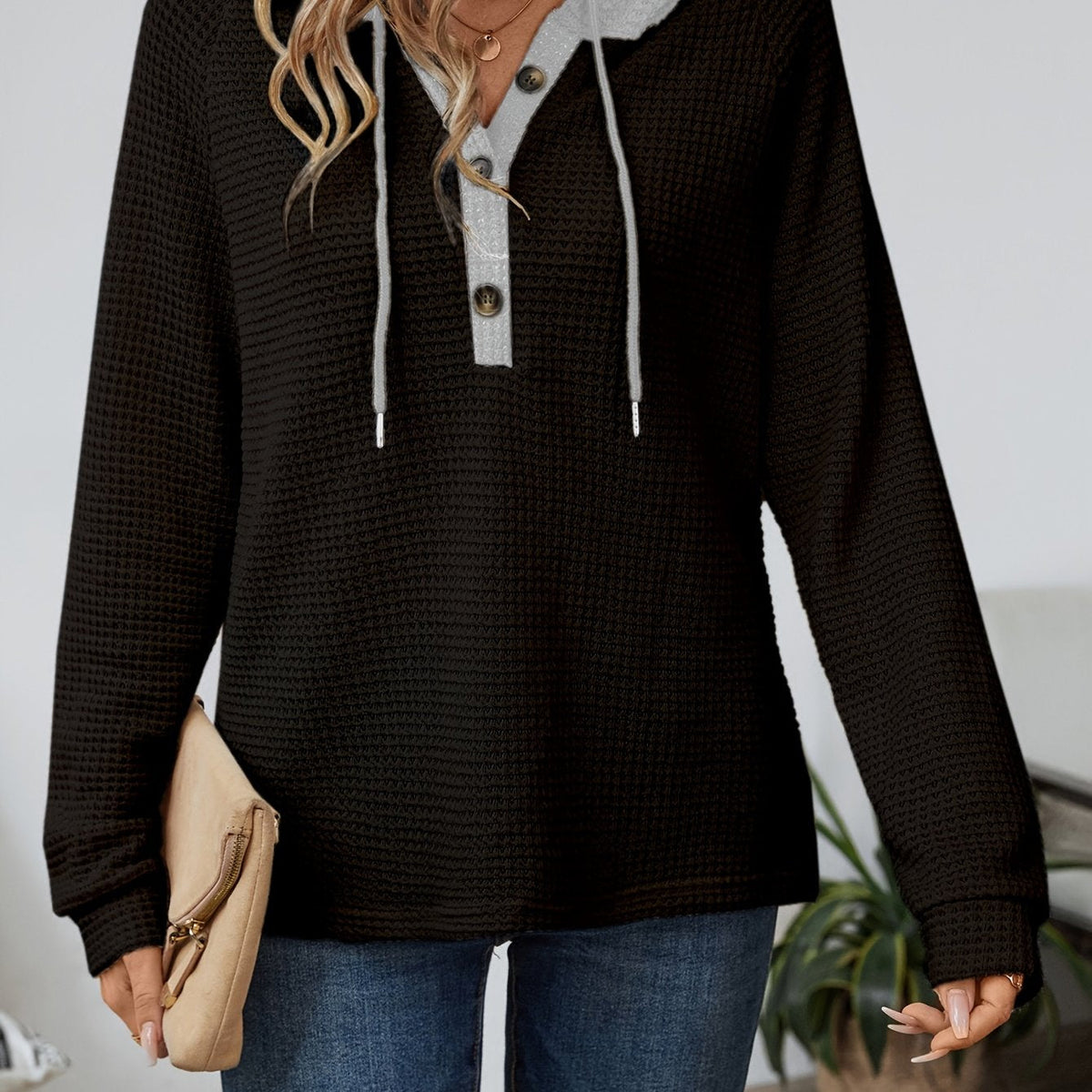 Women's waffle-knit button-neck hoodie in beige and black — Kessoro, image 12 of 12