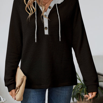 Women's waffle-knit button-neck hoodie in beige and black — Kessoro, image 12 of 12