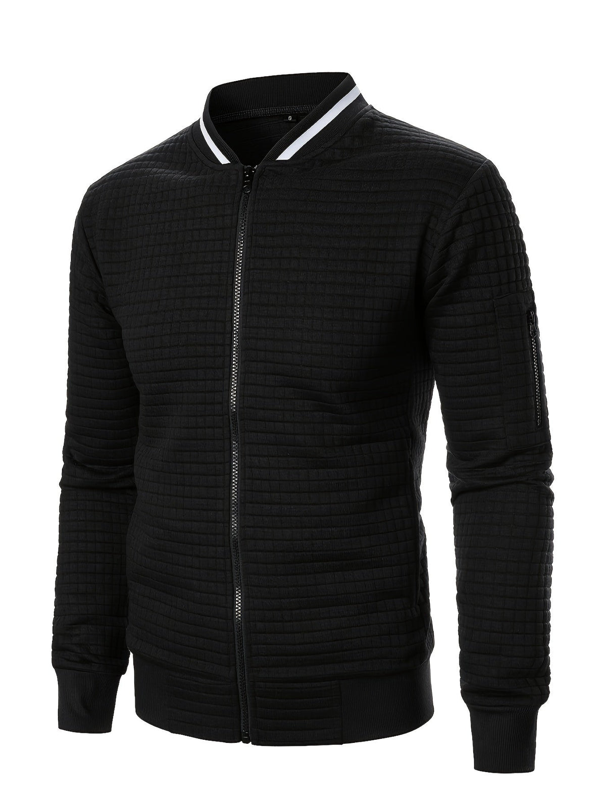 Men's textured stand-collar zip-up bomber jacket in khaki, black, dark gray, military green, navy and burgundy, fabric texture view