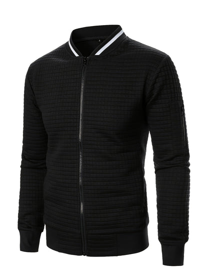Men's textured stand-collar zip-up bomber jacket in khaki, black, dark gray, military green, navy and burgundy, fabric texture view