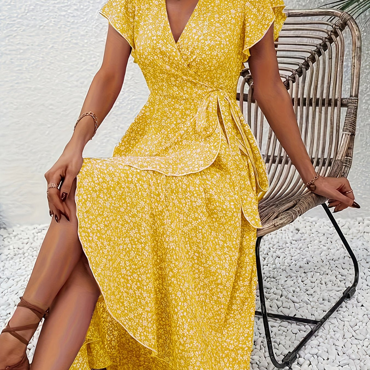 Kessoro women's flowing floral print wrap dress in peacock blue, yellow, green, camel and navy