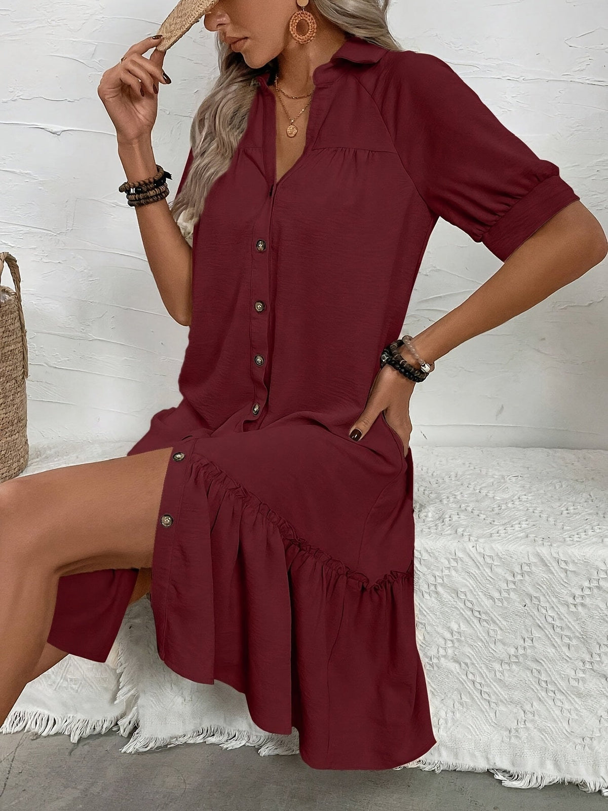 Women's button-front boho midi dress with pleated hem and rolled half sleeves