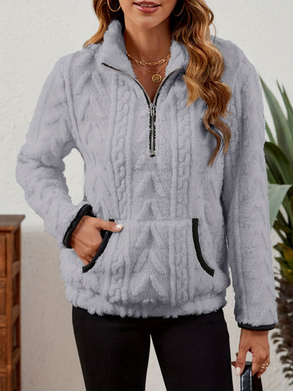 Kessoro women's plush textured half-zip pullover in burgundy, grey, pink, white, khaki, purple and blue - product view 11
