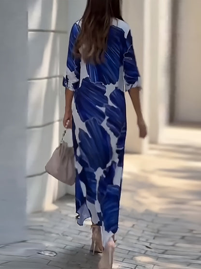 Women's flowing print collared maxi dress in blue
