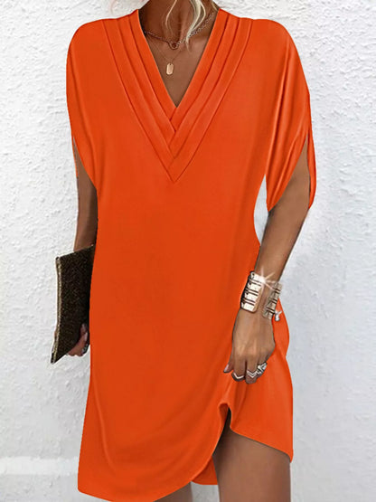 Women's V-neck mini dress with slit sleeves in army green, black, white, orange and pink