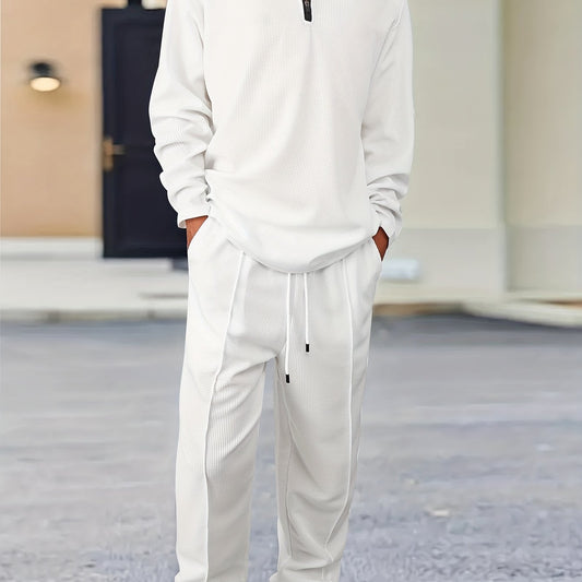 Kessoro Men's Waffle-Knit Two-Piece Outfit Set in white and black, image 1 of 21.