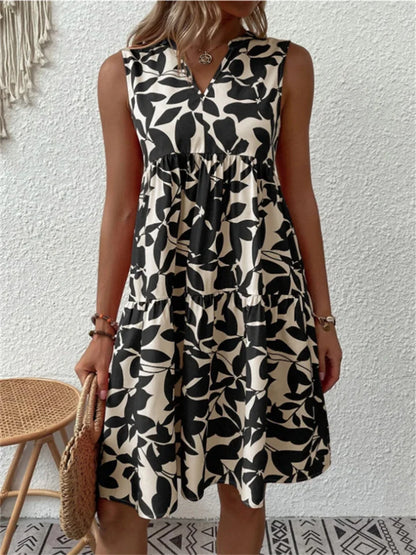 Women's romantic floral V-neck A-line dress in green, blue, orange or black