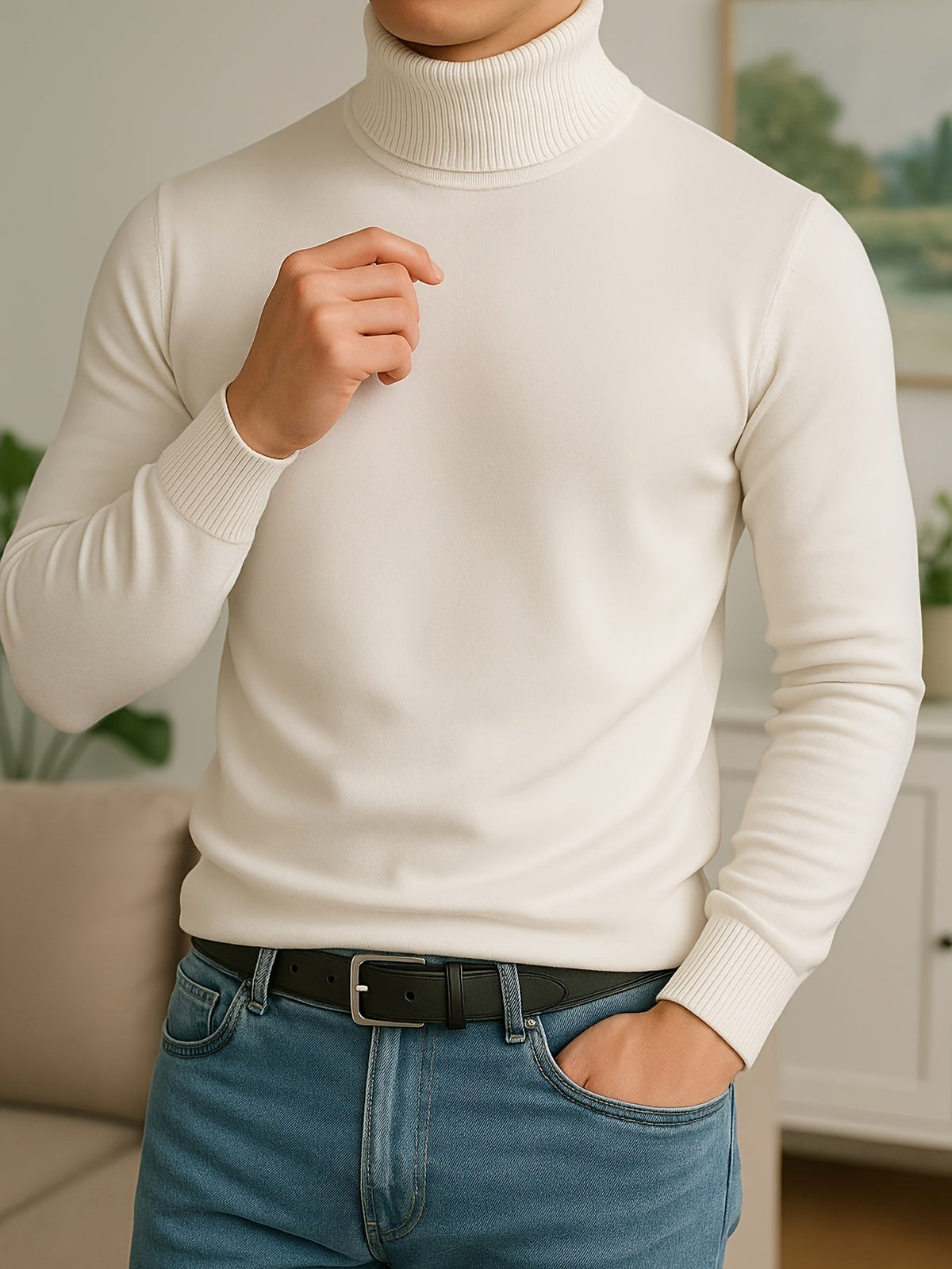 Men's refined ribbed roll-neck high-neck sweater in black, white, bronze and blue, styled view